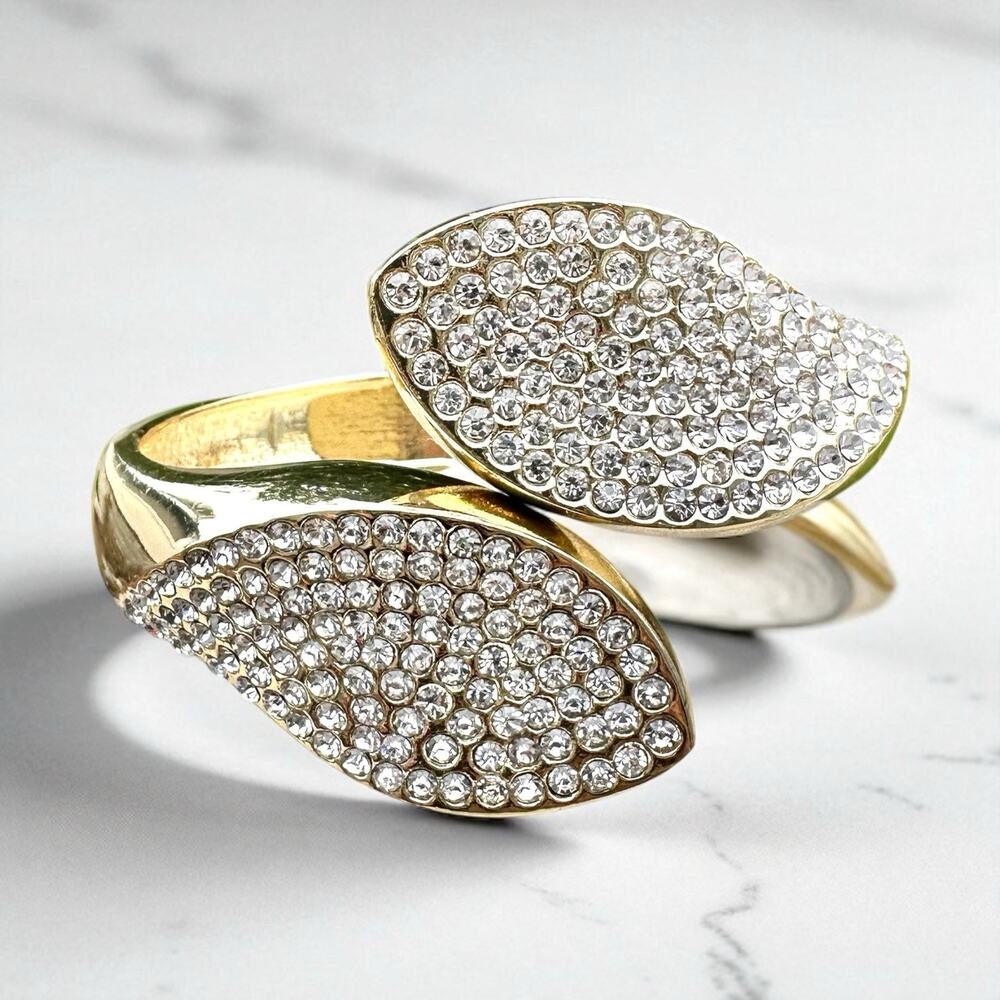 Sculptural Leaf Bracelet Modernist Gold Tone Pave Rhinestone Hinged Bangle
